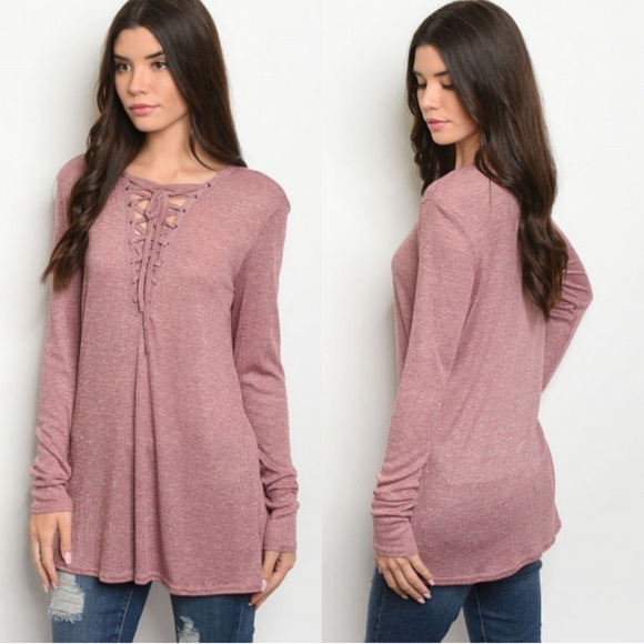 🍁New Fall🍁 Mauve Lace Up Front Mauve Ribbed Tunic Top - Picture 2 of 4